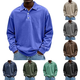 Men's Polo Shirts 100% Cotton Acid Wash Shirt Classic Long Sleeve Casual Sport Activewear Breathable Soft Buckle Acid Wash Vintage Washed Solid Color Blue Blac