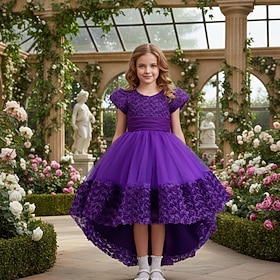 Abito da damigella d'onore bambina Ragazze Abito formale Abiti da sposa Feste Matrimonio Formale Adorabile Formale Principessa Rete Tinta unica Manica Corta Gi