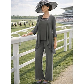 3 Piece Floor Length Mother of the Bride Dress Long Sleeve Crew Neck Elegant Vintage Formal Wedding Guest Formal Evening Spandex with Solid Color
