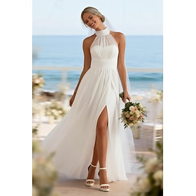 Linea ad A Lunghezza al pavimento Abito Bianco Abiti da sposa Abito da sposa Piccoli Abiti Bianchi Senza Maniche Collo Alto Laurea Compleanno con Pieghe Tinta