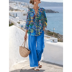 Women's Two Piece Sets Linen Like Pants Sets Bolero Top 3/4 Length Sleeve V Neck Floral Graphic Paisley Print Daily Stylish Casual Daily Vacation Blue Yellow P