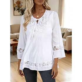 Women's Popover Shirt Summer Shirt Casual Shirt Blouse Lace Patchwork Solid Color Stylish Casual 3/4 Length Sleeve Crew Neck Regular Tops Daily Holiday Black W