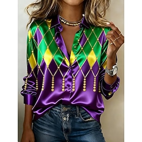 Mardi Gras Women's Satin Shirt Satin Top Graphic Geometric Vintage Stylish Modern Long Sleeve Shirt Collar Regular Tops Daily Holiday Yellow Light Purple Purpl