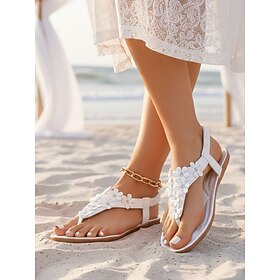 Women's White Floral Beach Wedding Sandals - Flat Bridal Party Flip Flops with Flower Detail, Comfortable Bridesmaid Shoes for Outdoor Summer Weddings