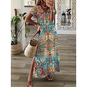 Women's Maxi Dress Sundress T Shirt Dress Tee Dress A Line Dress Vacation Casual Beach Going out Loose Fit Graphic Tribal Short Sleeve V Neck Blue Red Orange S