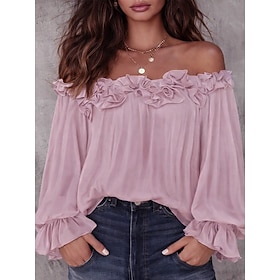 Women's Casual Shirt Blouse Chiffon Tops Ruffle Solid Color Vacation Stylish Casual Long Sleeve Off Shoulder Regular Tops Daily Party Holiday Pink Summer Sprin