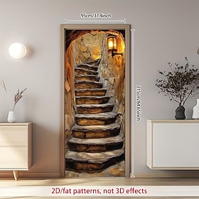 Door Cover 3D Optical Illusion Stone Staircase Design with Warm Lantern Light 2D Flat Print Decorative Doorway Wrap