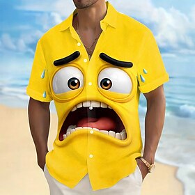 Men's Optical Illusion 3D Cartoon Smile Face Shirt Button Up Shirt Short Sleeve Funny Daily Vacation Summer Spring Turndown 3D Print Collared Shirts Yellow Pur