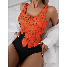 Women's Swimwear One Piece Briefs Swimsuit Vacation Fashion Floral Graphic Round Neck Sleeveless Bathing Suits