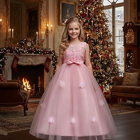 Abito da damigella d'onore bambina Ragazze Abito formale Abiti da sposa Feste Matrimonio Formale Formale Principessa Rete Tinta unica Senza Maniche Girocollo B