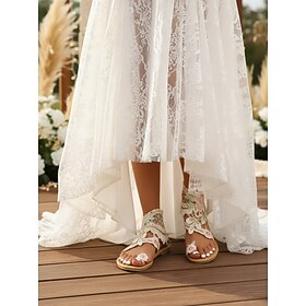 Women's Ivory White Lace Flat Sandals, Elegant Boho Bridal Shoes for Beach Wedding
