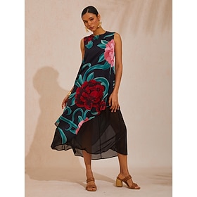 Smaragdgrünes, fließendes Chiffon-Maxikleid mit Rosenmuster: retailer-supplied image