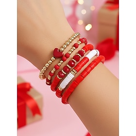 Women's Boho Acrylic Beaded Bracelet Set, Multi-Color Stretch Bangles with Heart Charm, Lightweight Layered Stackable Bracelets for Valentine's Day Gifts  Ever