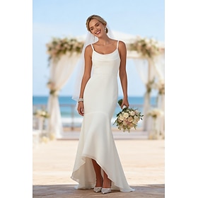 Sirena Tromba Asimmetrico Abito Bianco Abiti da sposa Abito da sposa Piccoli Abiti Bianchi Senza Maniche Scollo a Cascata Laurea Compleanno con Pieghe Tinta un