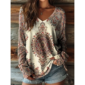 Women's Boho T Shirt Floral Graphic Plants Vintage Stylish Casual Long Sleeve V Neck Regular Tops Daily Weekend Beach Wear Print Ash Black Beige Summer Spring