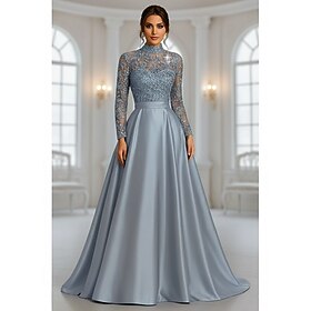 A-Line Floor Length Beaded Eembroidered Formal Dresses Mother of the Bride Dress Evening Gown Formal Dress Elegant Sparkle Silky Long Sleeve Illusion Neck Wedd