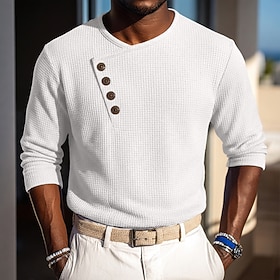 Men's Shirt Waffle Shirt Dress Shirt Solid Color Plain Casual Wedding Formal Long Sleeve Asymmetrical V Neck Spring All Seasons