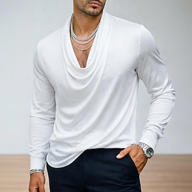 Men's Shirt Silk Like Satin Shirt Casual Shirt Plain Casual Daily Black White Long Sleeve Cowl Neck Spring Spring Fall Clothing Apparel Ruched