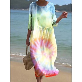 Women's Maxi Dress Linen Like Sundress Shift Dress Vacation Casual Beach Going out Loose Fit Ombre Graphic Abstract 3/4 Length Sleeve Crewneck Yellow Pink Amet