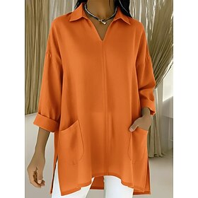 Women's Linen-feel Shirts Tunic Cotton Shirt Pocket Solid Color Elegant Active Daily Long Sleeve Shirt Collar Regular Tops Daily Work Holiday White Wine Navy B