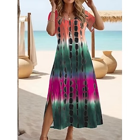 Women's Maxi Dress T Shirt Dress Tee Dress Vacation Outdoor Beach Going out Regular Fit Ombre Short Sleeve Crewneck Blue Rainbow Pink Navy Blue Summer Spring