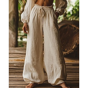 Per donna Pantaloni in cotone e lino Gamba larga Pantaloni Vacanza Moda Essenziale Lunghezza intera Naturale Semplice Tasca Elastico in vita Comodità Asciugatu