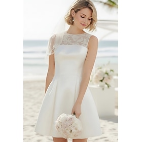 Linea ad A Sirena Tromba Corto Mini Abito Bianco Abiti da sposa Abito da sposa Elegante Piccoli Abiti Bianchi Senza Maniche Girocollo Matrimonio Laurea Raso Pi