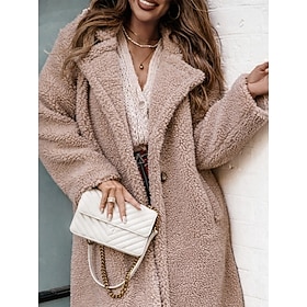 Women's Fleece Jacket Teddy Coat Warm Breathable Pocket Fleece Lined Casual Plain Vacation Street Daily Wear Going out Single Breasted Regular Turndown Regular