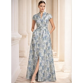 A-Line Floor Length Evening Gown Ball Gown Formal Dress Elegant Vintage Short Sleeve Shirt Collar Wedding Formal Nylon with Slit Pocket