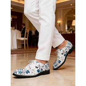 Men's White Floral Dress Shoes, Embroidered Blue Floral Pattern, Lace-Up Oxford Design, Elegant Formal Style for Weddings, Parties Special Occasions