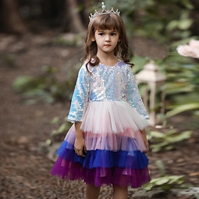 Abito da damigella d'onore bambina Ragazze Abito formale Abiti da sposa Feste Matrimonio Formale Moda Principessa Bello Paillettes Rete Manica Lunga Girocollo