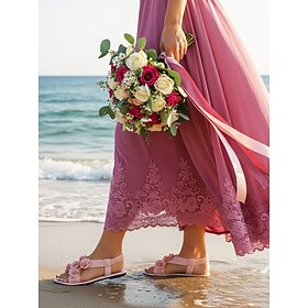 Women's Blush Pink Floral Flat Sandals, Soft Ankle Strap Bridesmaid Shoes for Beach Wedding Ceremonies