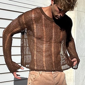 Men's Knit Tee Tee Top Long Sleeve Crew Neck Summer Solid Color Daily Casual Street Style Mesh Knitting Casual Outdoor Street Dark Brown Top Tee for Men