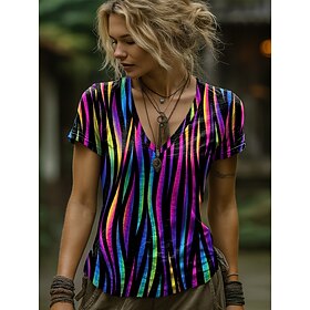 Women's T Shirt Print Graphic Geometric Abstract Vintage Stylish Classic Short Sleeve V Neck Regular Tops Daily Purple Summer Spring