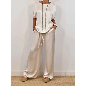 Women's Elegant Satin Two-Piece Set - Chic Loose Short Sleeve Top Wide Leg Pants Outfit