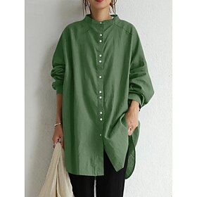 Women's Cotton Linen Shirts Buttons Solid Color Daily Stylish Basic Long Sleeve High Neck Long Tops Daily Blue Brown Green Beige Summer Spring Fall