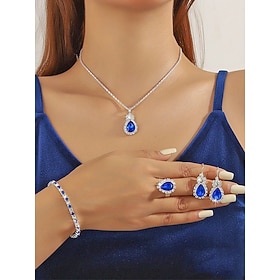 Women's Alloy Gemstone Jewelry Set, Something Blue Teardrop Necklace Earrings Ring  Bracelet, Elegant Sparkling Style for Brides, Weddings, Cocktail Parties  F