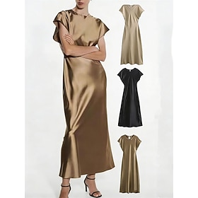 Per donna Abito Midi Abito in Raso Abito nero Elegante Vintage Moda Quotidiano All'aperto Ufficio Vestibilità comoda Semplice Senza Maniche Scollo a V Nero Cam