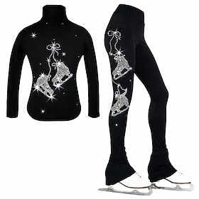Figure Skating Jacket with Pants Women's Girls' Ice Skating Outfits Black Stretchy Training Competition Skating Wear Thermal Warm Crystal / Rhinestone Long Sle