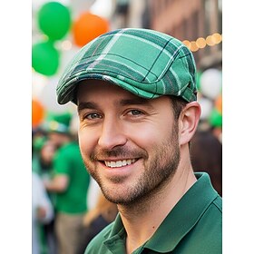 Men's Plaid Flat Cap Newsboy Hat, Cotton-Polyester Blend, Multi-Color Classic Ivy Style Cap for St. Patrick's Day Celebration Everyday Casual Wear
