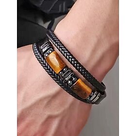 Men's Natural Stone  Faux Leather Bracelet, Braided Casual Style Wristband in Multiple Colors, Men's Fashion Jewelry for Everyday Casual Wear and Street Style