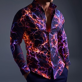 Men's Optical Illusion Lightning Flame Shirt Button Up Shirt Casual Dress Shirt Long Sleeve Fashion Casual Streetwear Vacation Spring Fall Turndown 3D Print Co