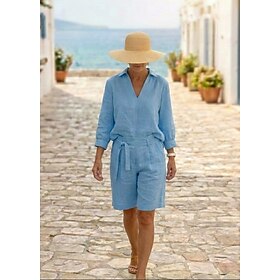 Women's Shirt Cotton Linen Sets Two Piece Sets Beach Shorts Short Sleeve V Neck Solid Color Drawstring Fashion Streetwear Daily Wear Date Blue Khaki Gray Summe