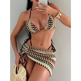Women's Swimwear Bikini 2 Piece Thong Swimsuit Slim Backless Vacation Beach Wear Geometric Halter Neck Sleeveless Bathing Suits