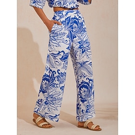 St Barth Blooms Airy Linen Look Blue Wide-Leg Pants: retailer-supplied image