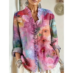 Women's Boho Shirt Ruched Ruffle Floral Graphic Elegant Vintage Daily Long Sleeve V Neck Regular Tops Daily Work Holiday Blue Pink Purple Beige Summer Spring F