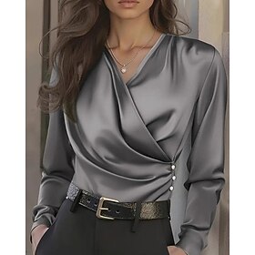 Women's Elegant Satin Satin Top Blouse Ruched Patchwork Beaded Solid Color Plain Elegant Ladies Stylish Long Sleeve V Neck Regular Tops Daily Work Holiday Whit
