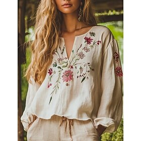 Women's Shirt Boho Shirt Blouse Print Floral Graphic Vintage Daily Stylish Long Sleeve V Neck Regular Tops Daily Holiday Beige Summer Spring