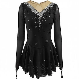 Figure Skating Dress Women's Ice Skating Dress Black Patchwork Asymmetric Hem Stretchy Training Competition Skating Wear Long Sleeve Ice Skating Figure Skating