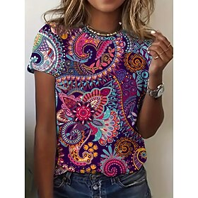 Women's T Shirt Floral Graphic Paisley Bohemia Vintage Stylish Short Sleeve Crew Neck V Neck Long Tops Daily Going out Weekend Print Purple Summer Spring